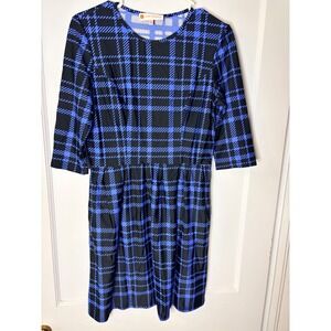 Jude Connally Blue Plaid Jude Cloth 3/4 Sleeve Fit Flare Dress Small 101185